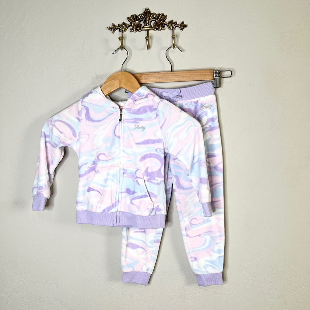 Juicy Couture Kids Girls 4T Marble Swirl Fleece Tracksuit Set Hoodie Pastel